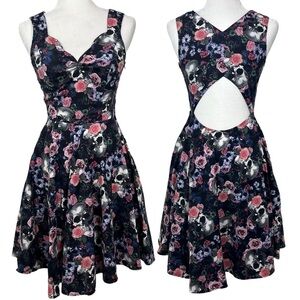Hell Bunny Dress Floral Skulls Cutout Black Pink XS Rockabilly Goth Pin Up